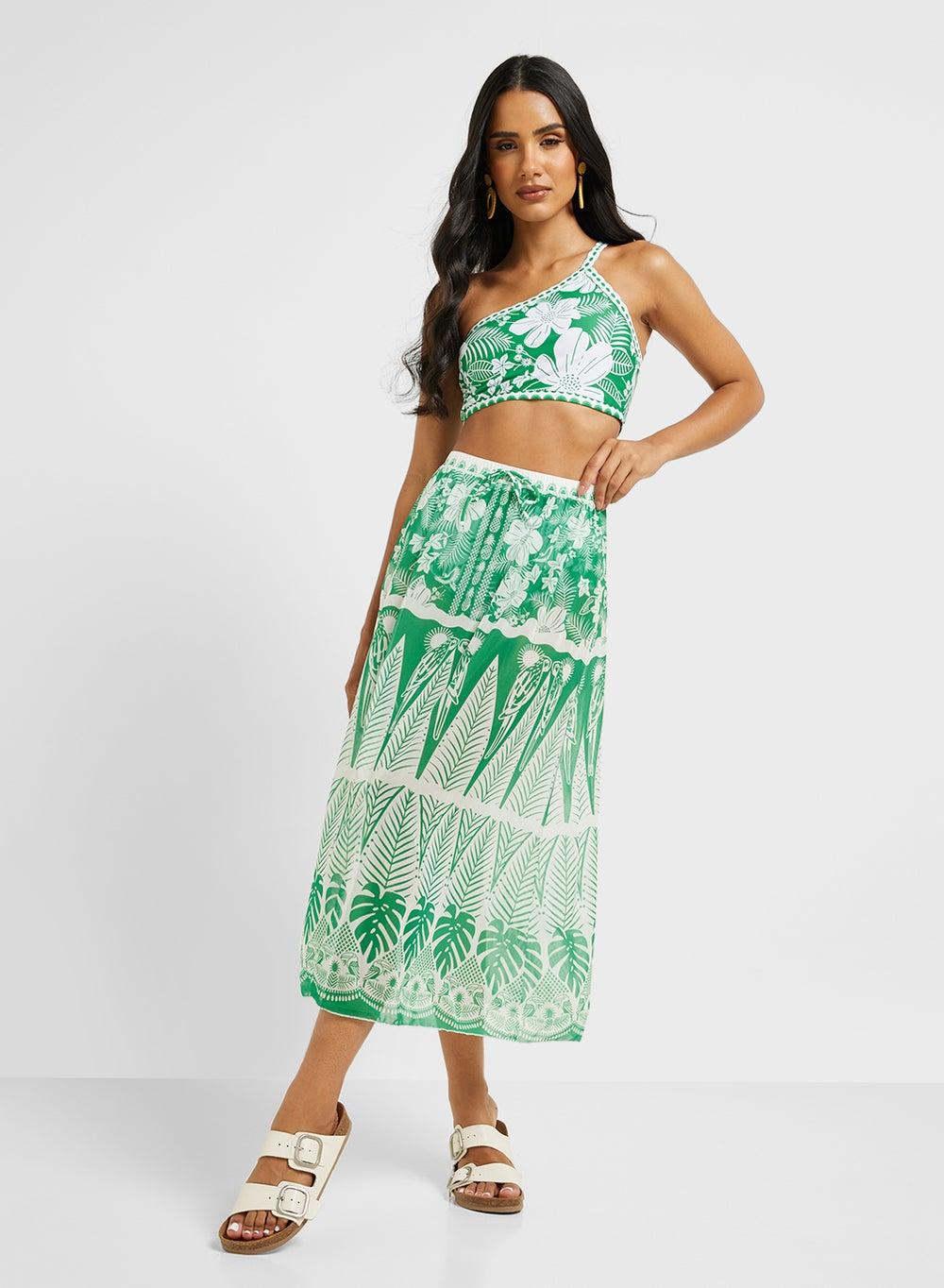 One Shoulder Floral Print Bikini Set with Beach Skirt - Image 1