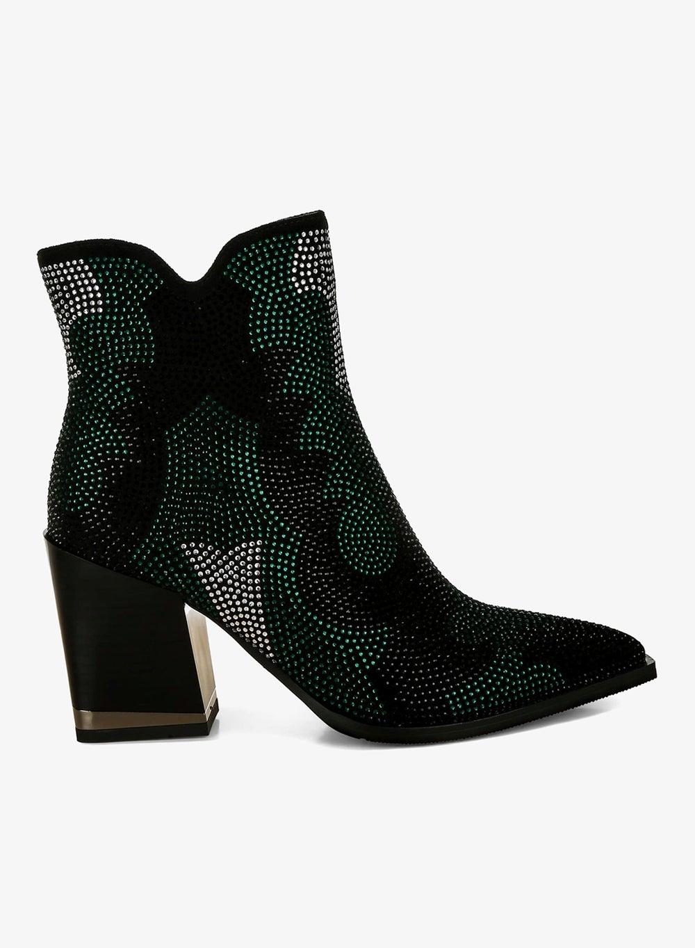 Green Rhinestone Embellished Block Heel Ankle Boots - Image 1