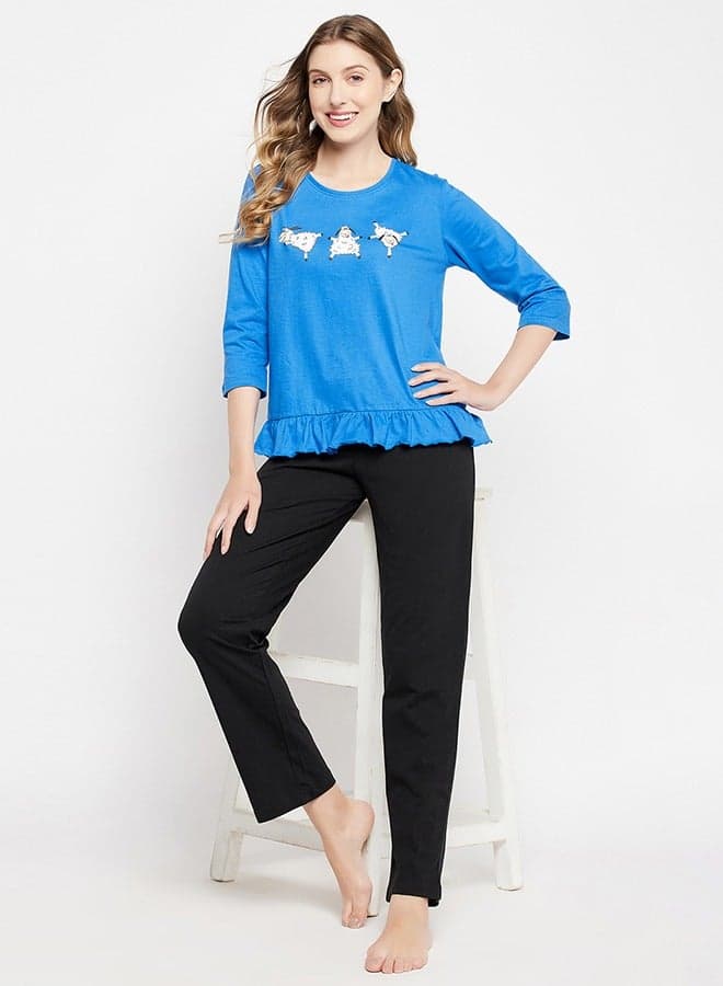Clovia Sky Blue Graphic Cotton Top and Black Pyjama Set - Image 1