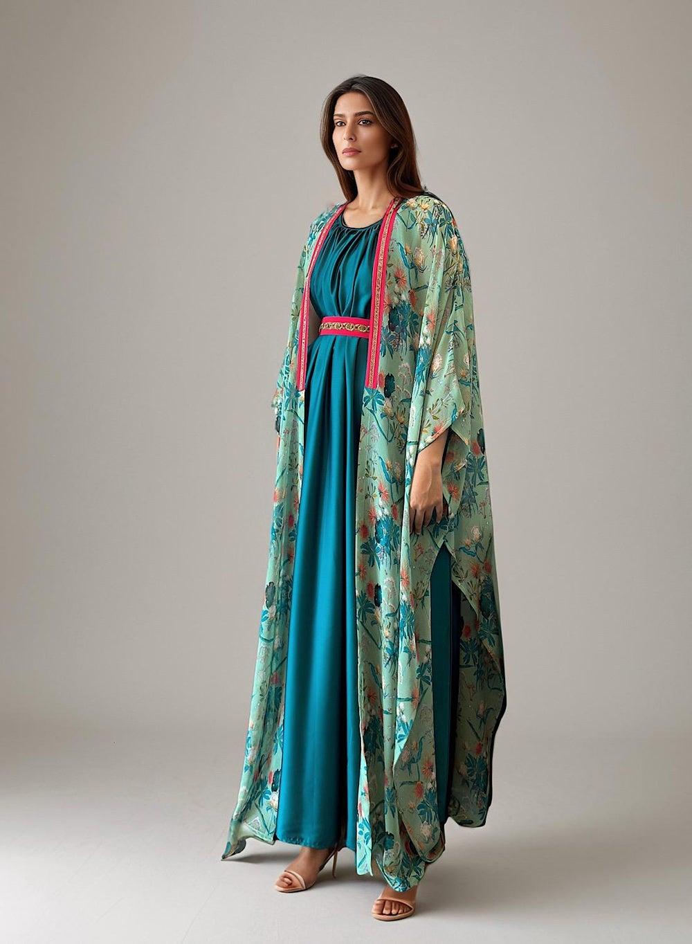 Printed Cape Dress Set with Belt - Image 1