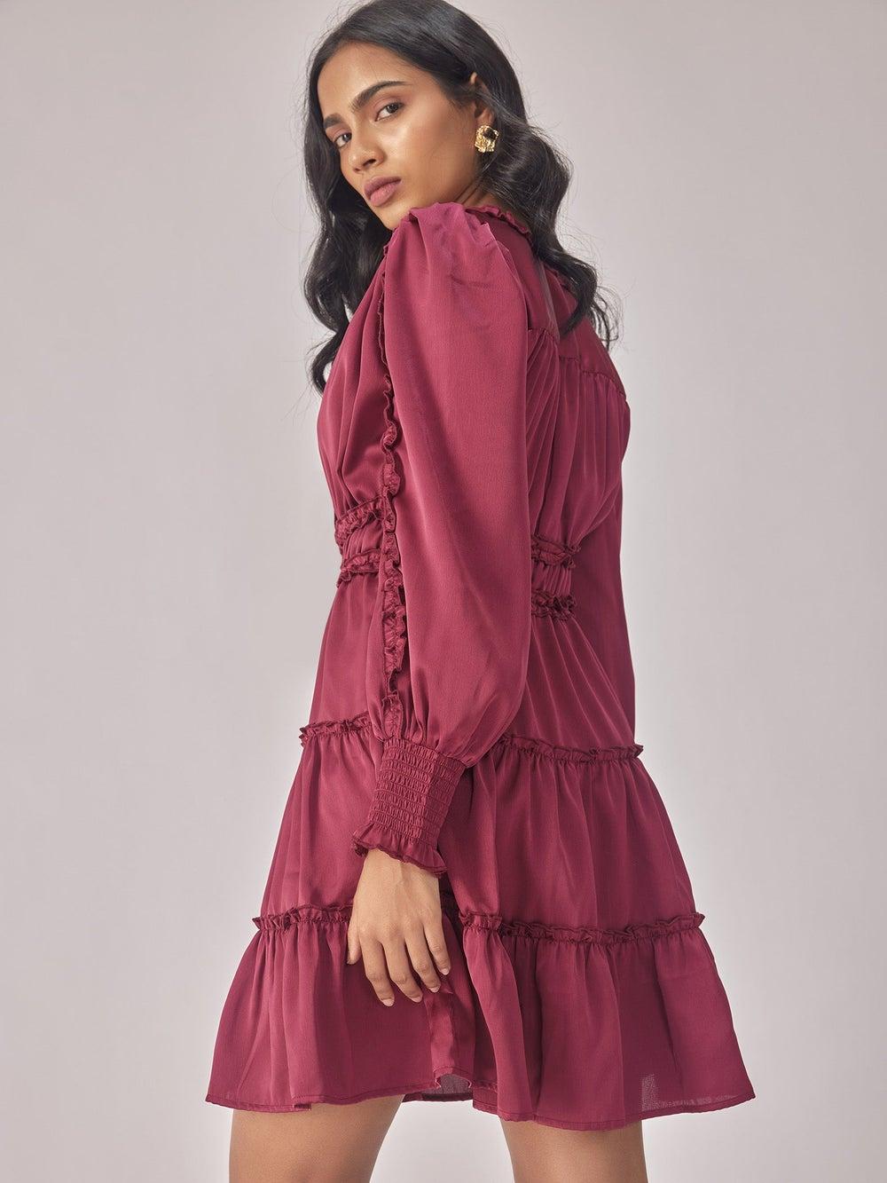 Wine Satin Tiered Mini Dress for Date Night - Image 1