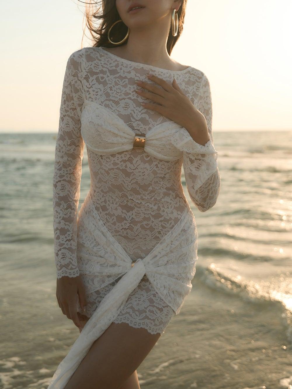 Guipure Mini Dress with Draped Neckline and Gold Details - Image 1