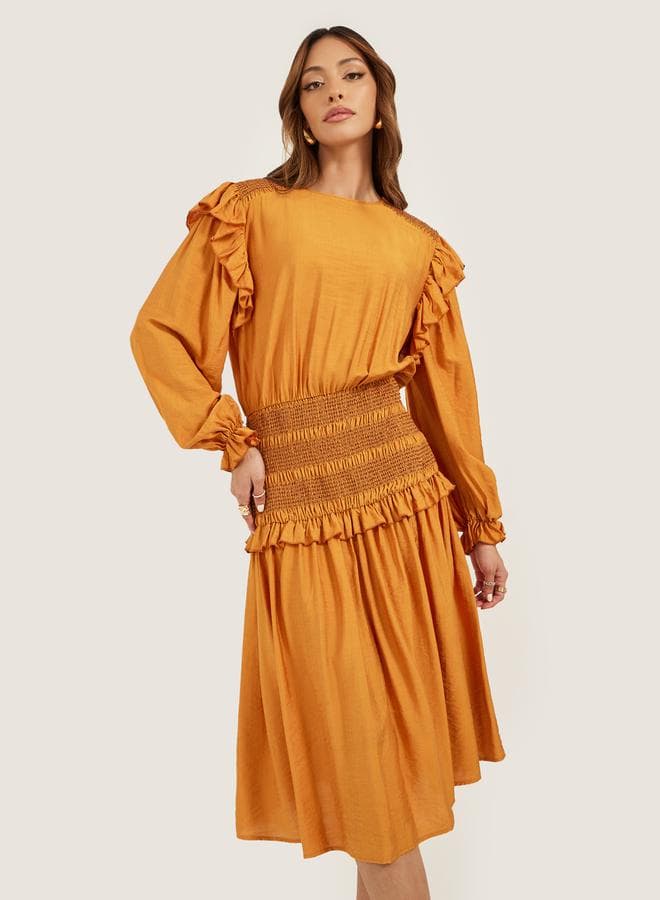Balloon Sleeve Smocked A-Line Midi Dress - Image 1