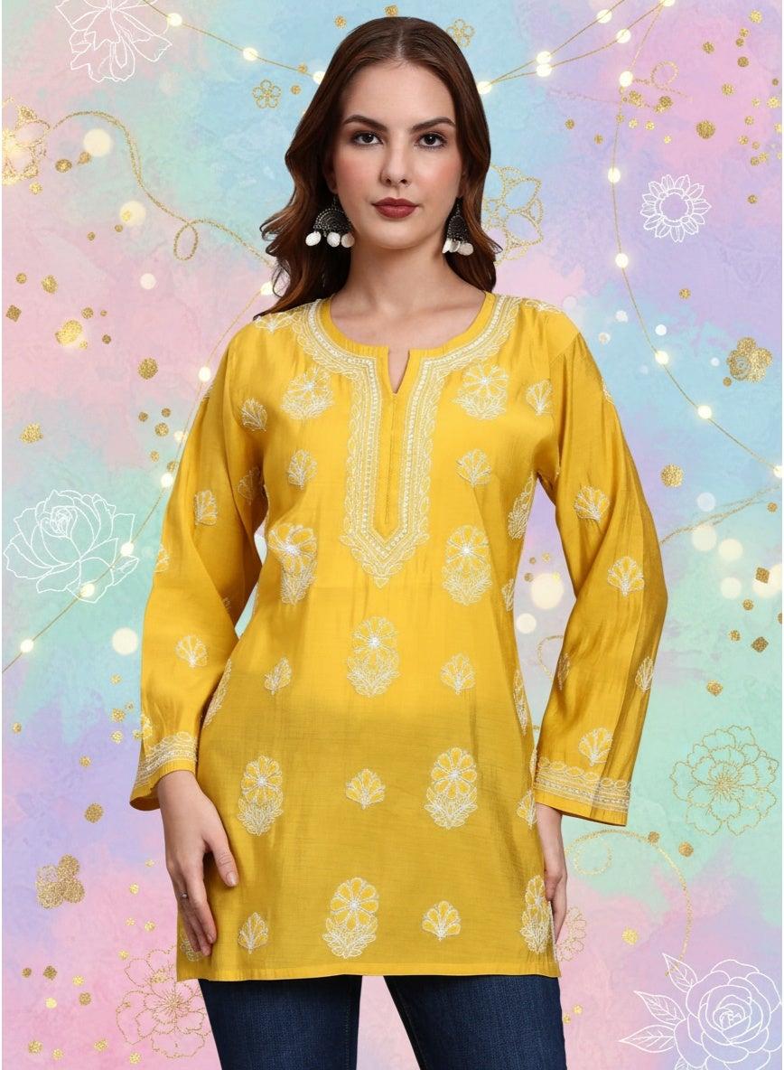 Hand Embroidered Chikankari Chanderi Kurti AL4090 - Image 1