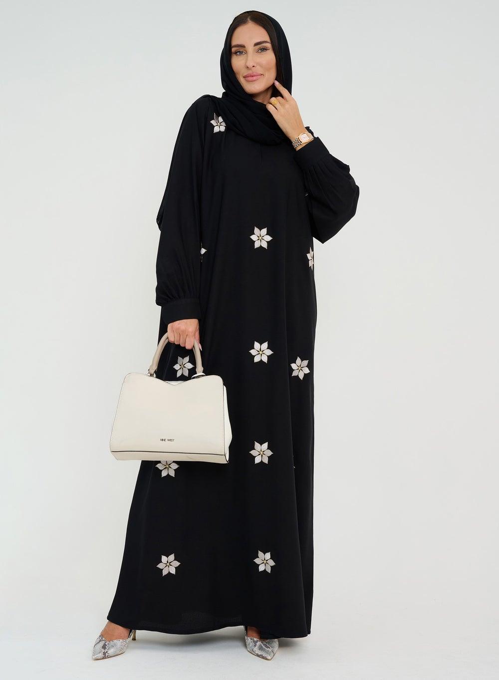 Black Closed Abaya with Flower Embroidery and Pleated Sleeves - Image 1