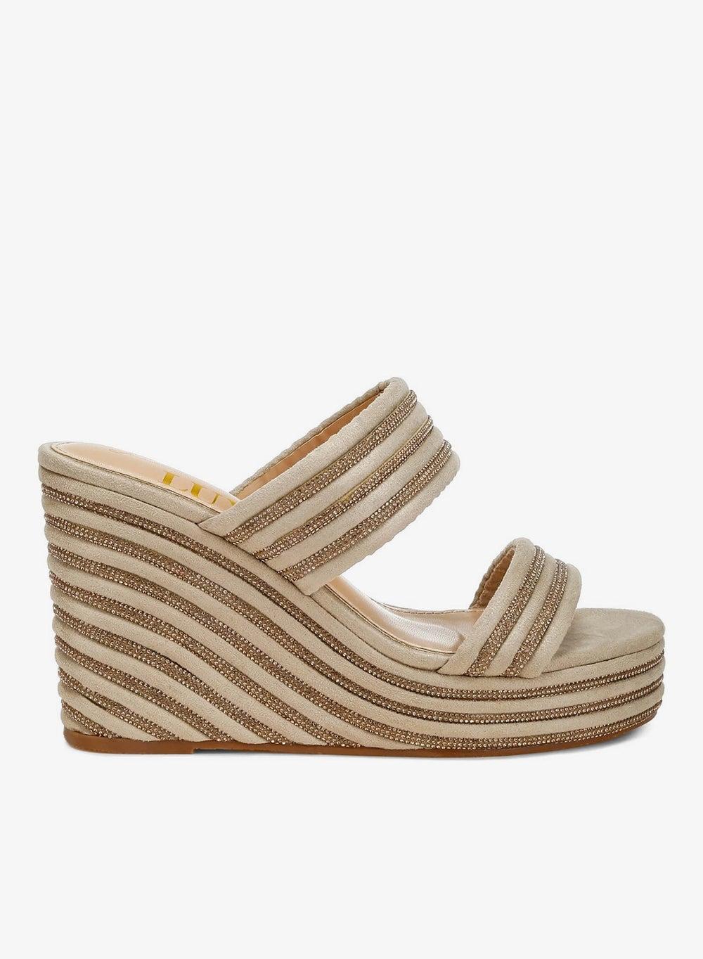 Beige Rhinestone Embellished Wedge Sandals - Image 1