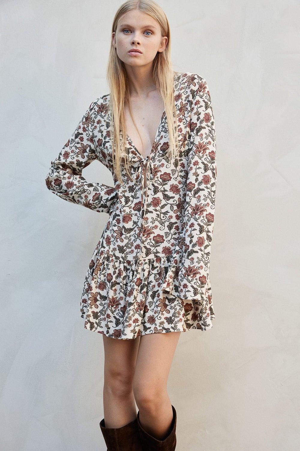 V-neck Mini Dress with Gathered Hem - Image 1
