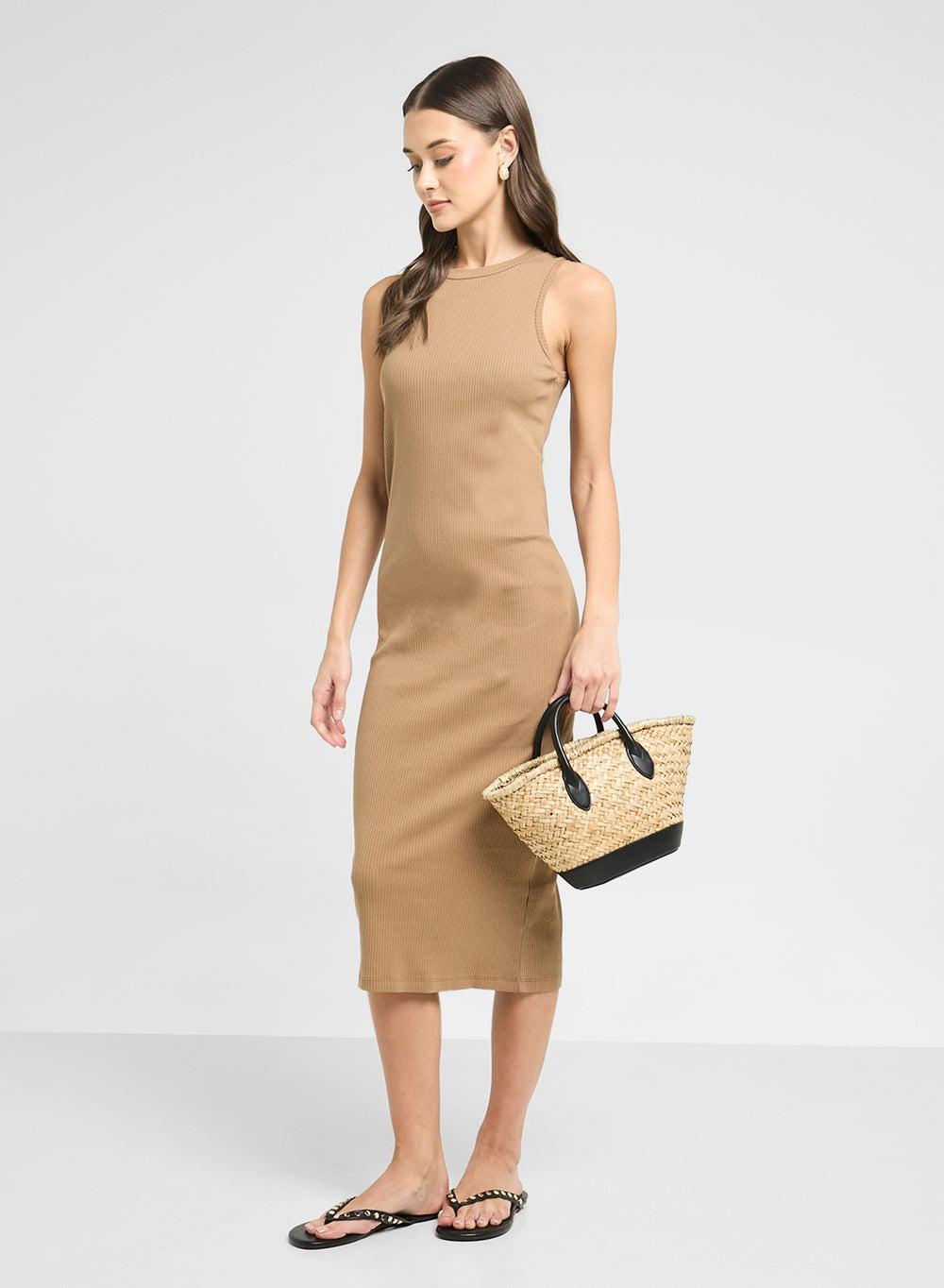 High Neck Ribbed Essential Midi Dress - Image 1