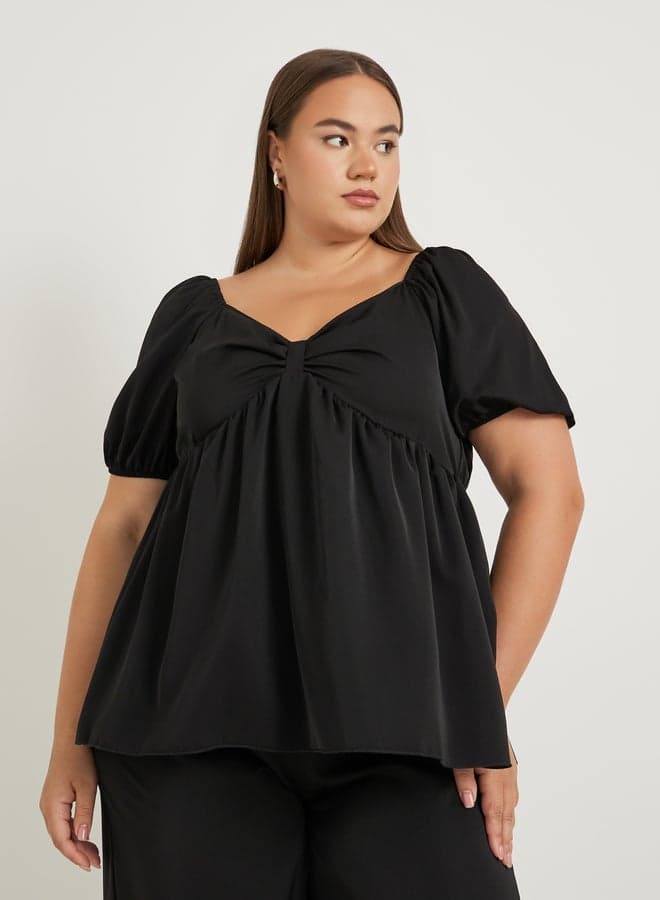 Plus Size Solid Puff Sleeve Twist Front Blouse - Image 1