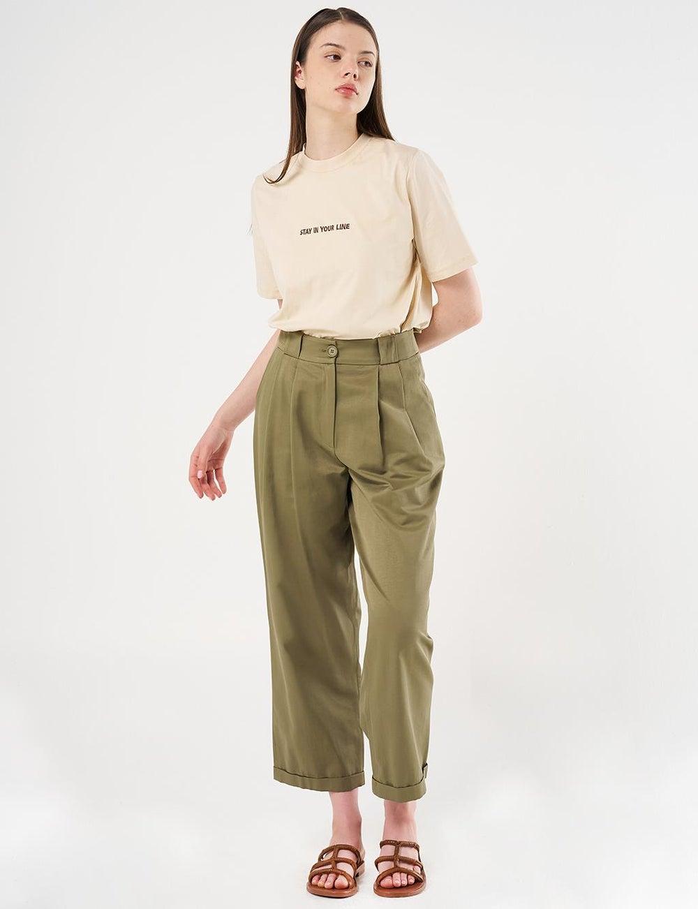 Khaki High-Waist Pleated Double-Leg Pants - Image 1