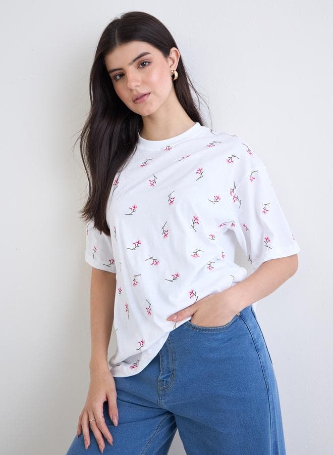 White Embroidered Floral Oversized T-Shirt - Image 1