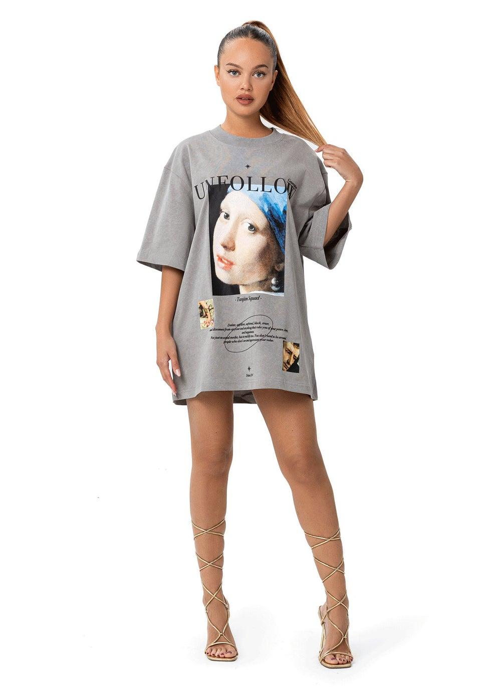 TANJIM SQUAD Unfollow Grey Women's Oversized T-Shirt - Image 1