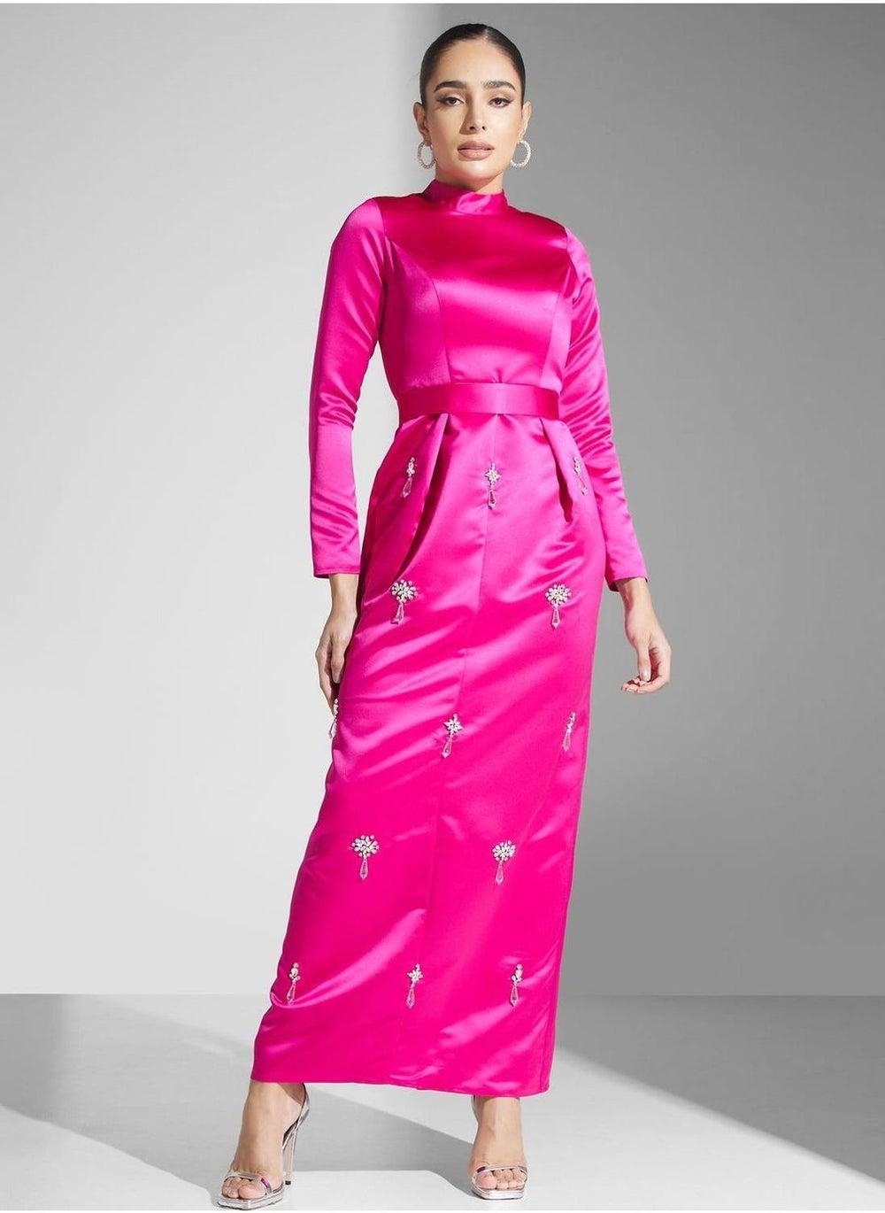 Embellished High Neck Evening Dress - Image 1
