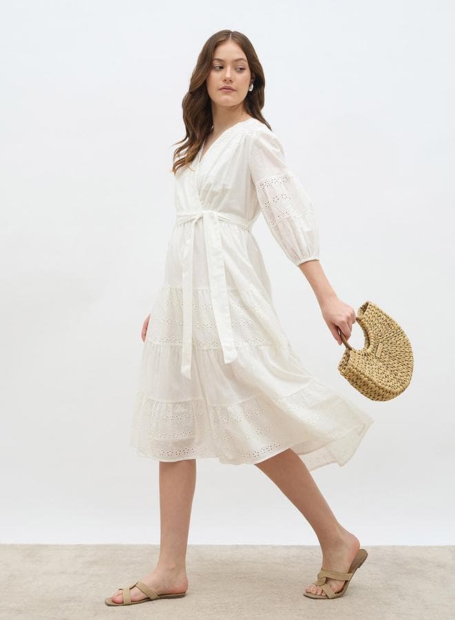 Schiffli Wrap Balloon Sleeve Midi Dress - Image 1