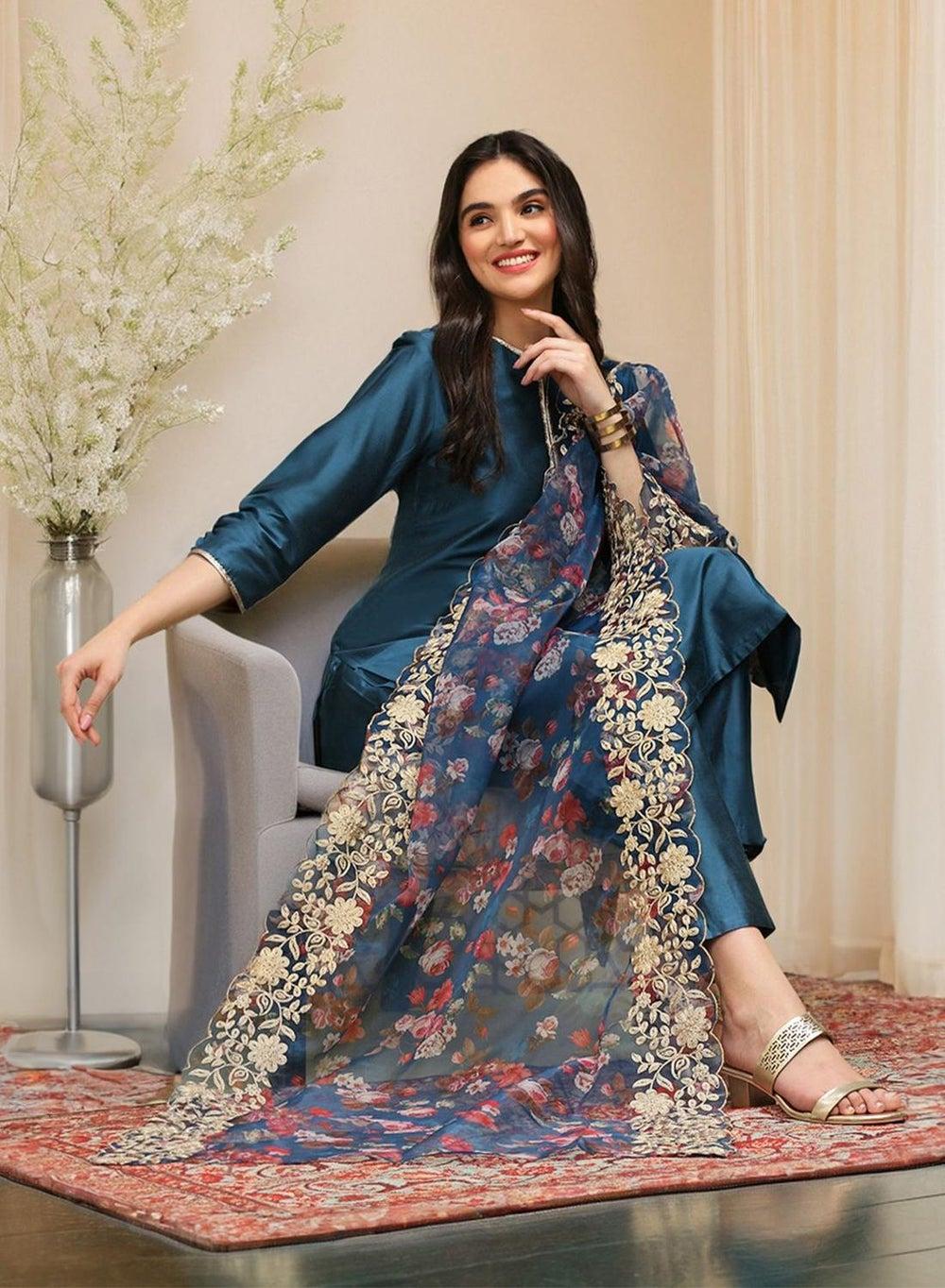 Women’s Navy Blue Self Design Full Length Palazzo Kurta Set - Image 1