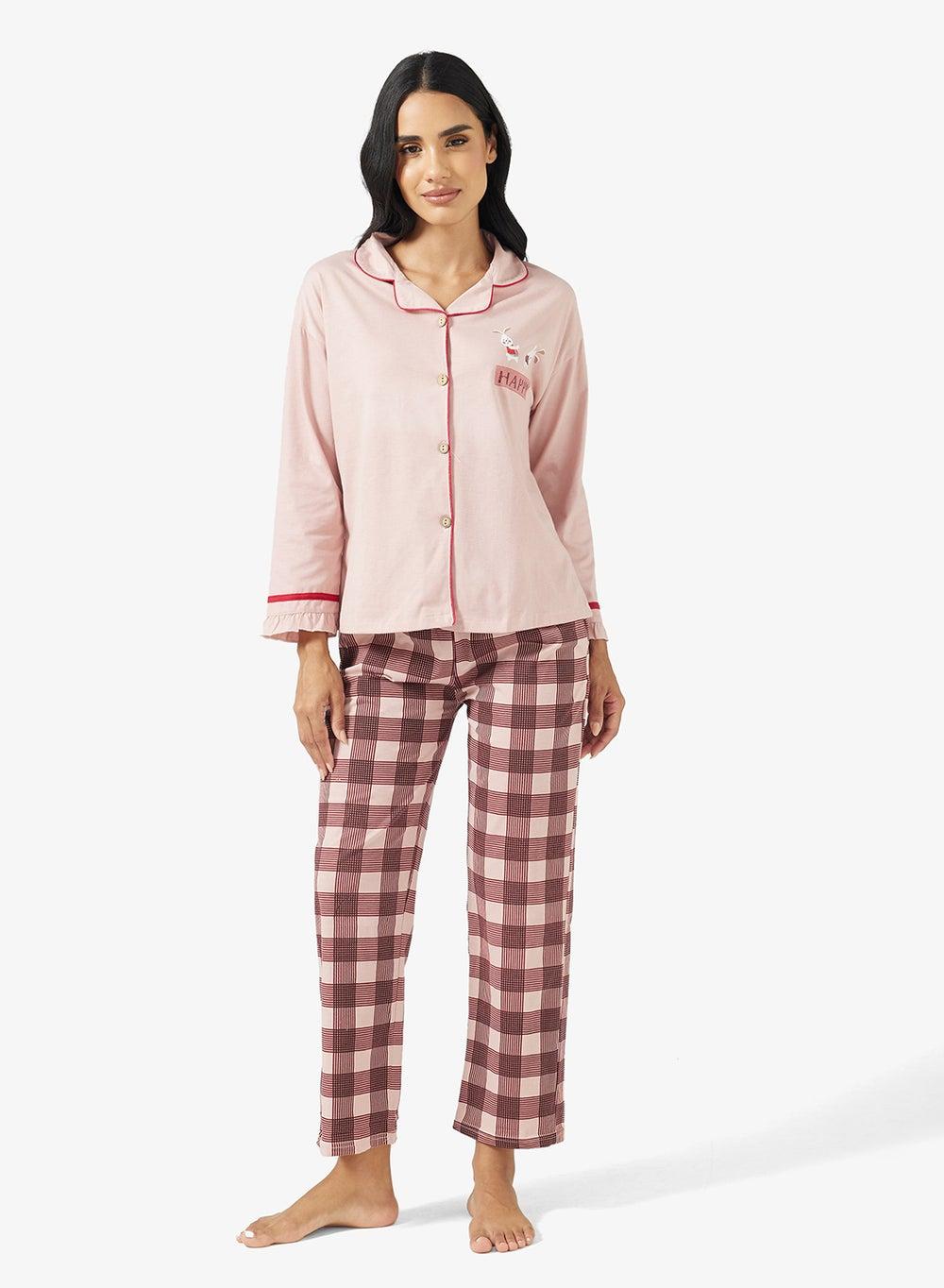 Button Up Checkered Pyjama Shirt Set - Image 1