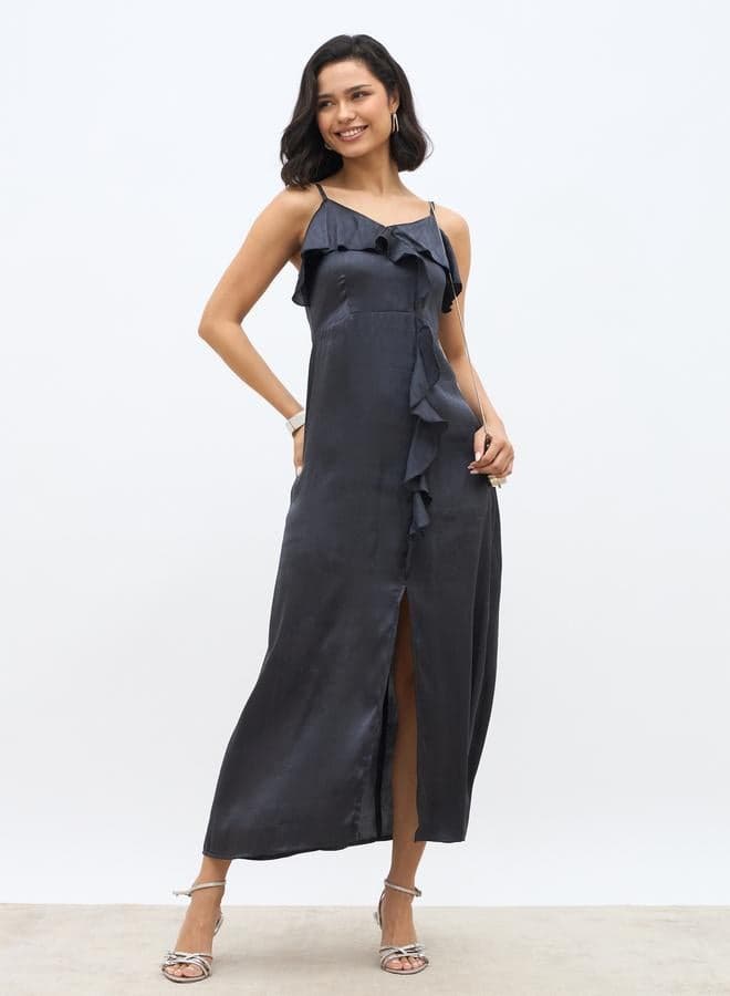 Solid Ruffle Trim Strappy A-Line Maxi Dress with Slit - Image 1