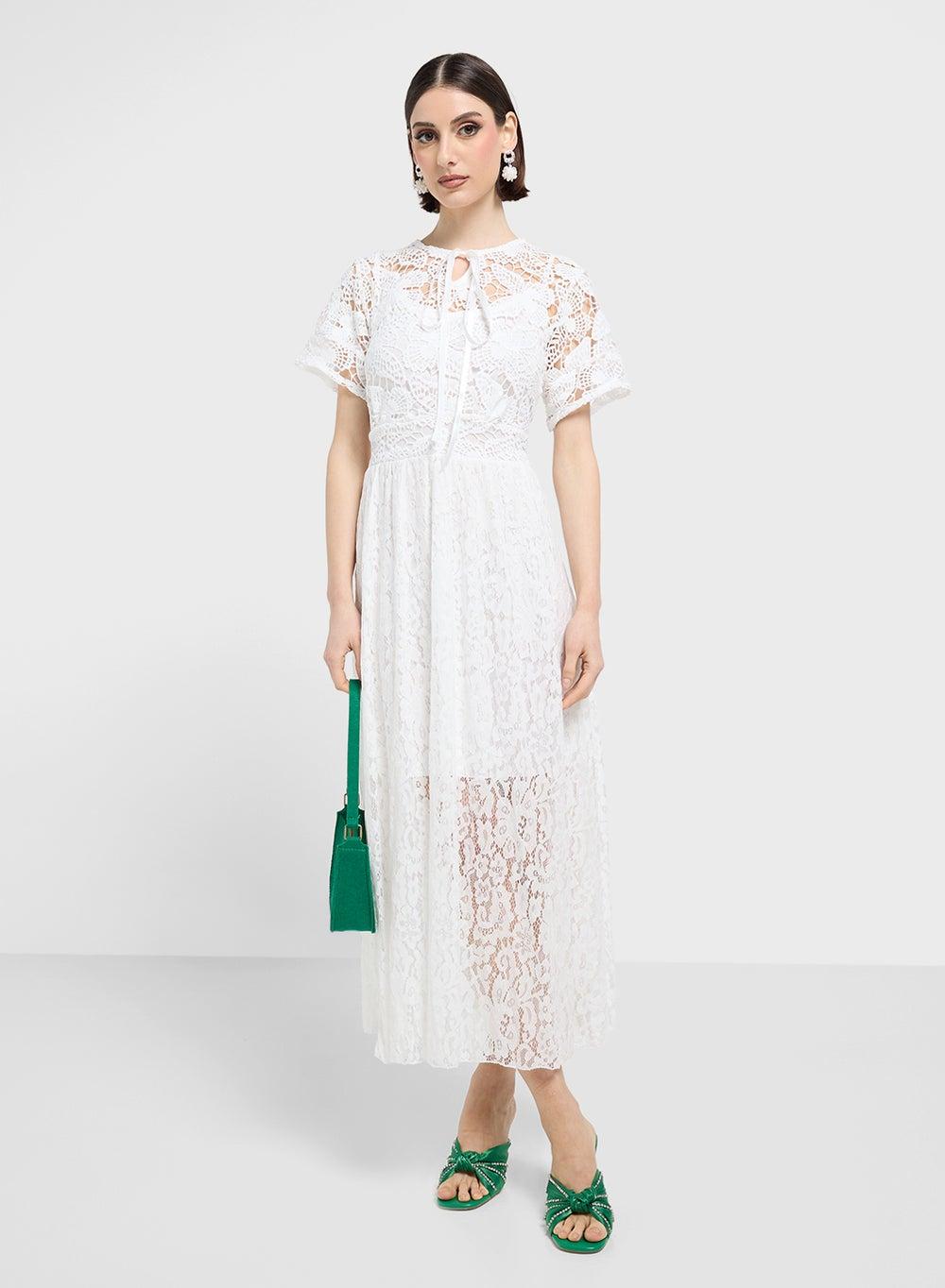 Lace Overlay Midi Dress with Tie Neckline - Image 1