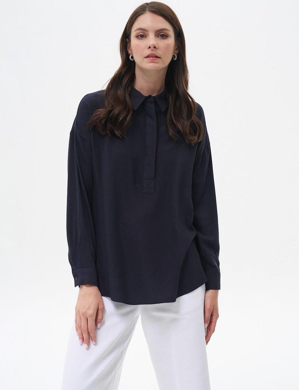 Navy Blue Half Placket Viscose Shirt - Image 1
