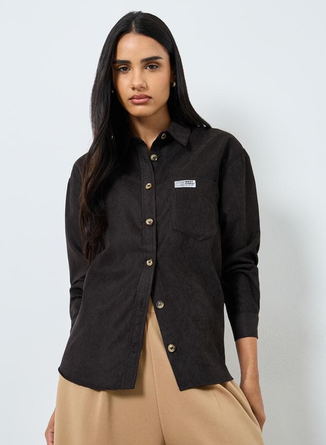 Styli Black Oversized Corduroy Shirt with Badge Detail - Image 1