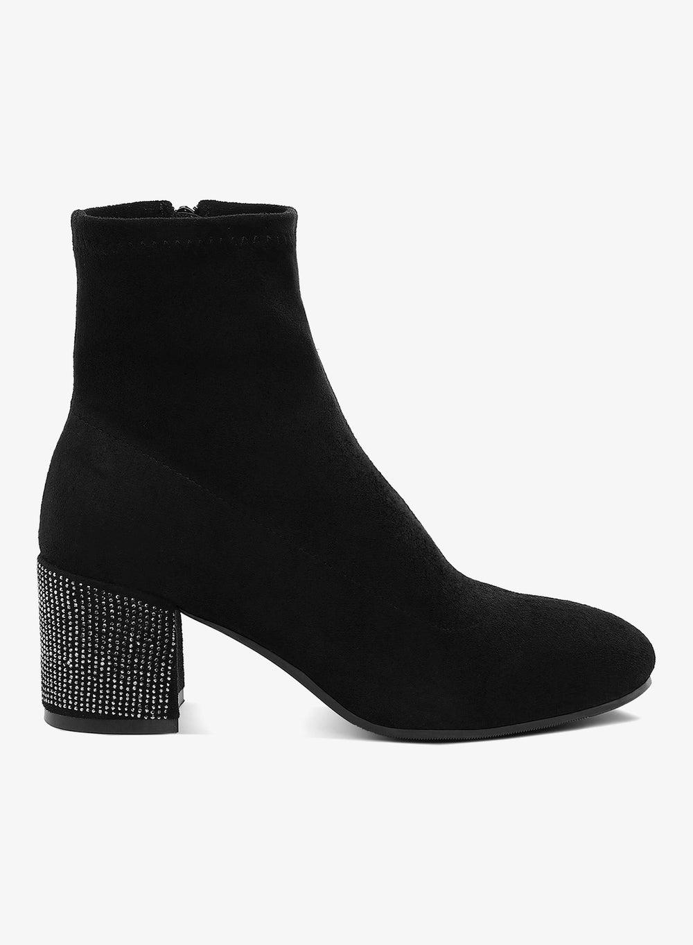 Black Rhinestone Block Heel Ankle Boots - Image 1