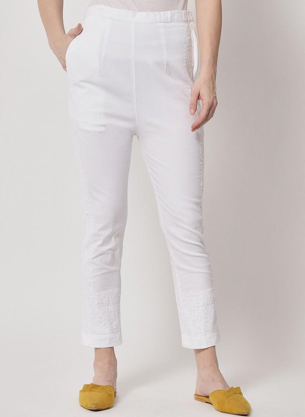 Hand Embroidered Chikankari White Cotton Pant AL3568 - Image 1
