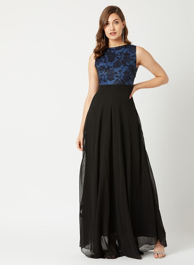Floral Top Maxi Dress with Flowing Black Skirt - Image 1