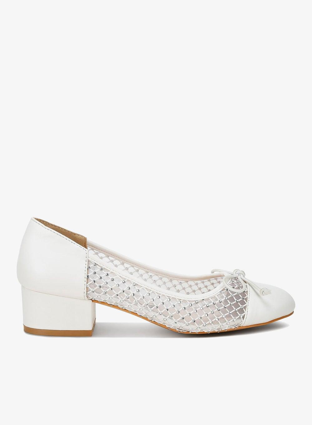 White Rhinestone Mesh Ballerinas with Low Block Heel - Image 1