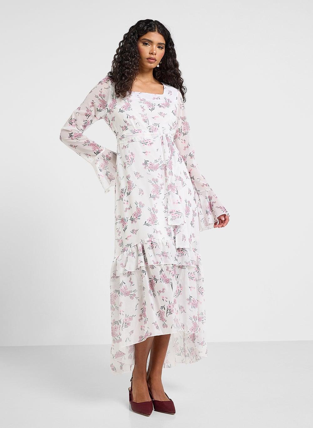 Floral Chiffon Maxi Dress with Tiered Asymmetric Hem - Image 1