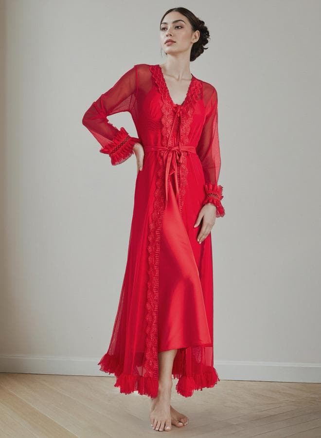 Lace Trim Bridal Night Gown and Belted Robe - Image 1