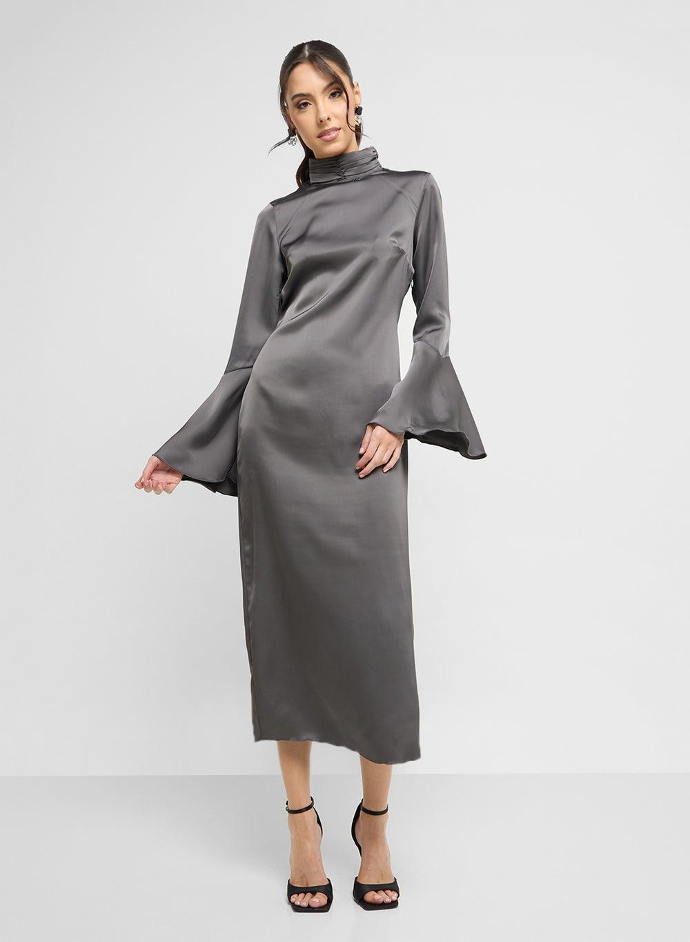 Satin Flared Sleeve Midi Dress - Image 1