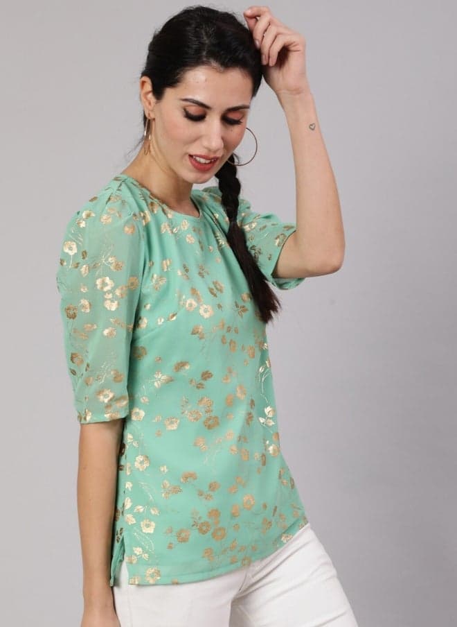 Sea Green Floral Print Georgette Top for Women - Image 1