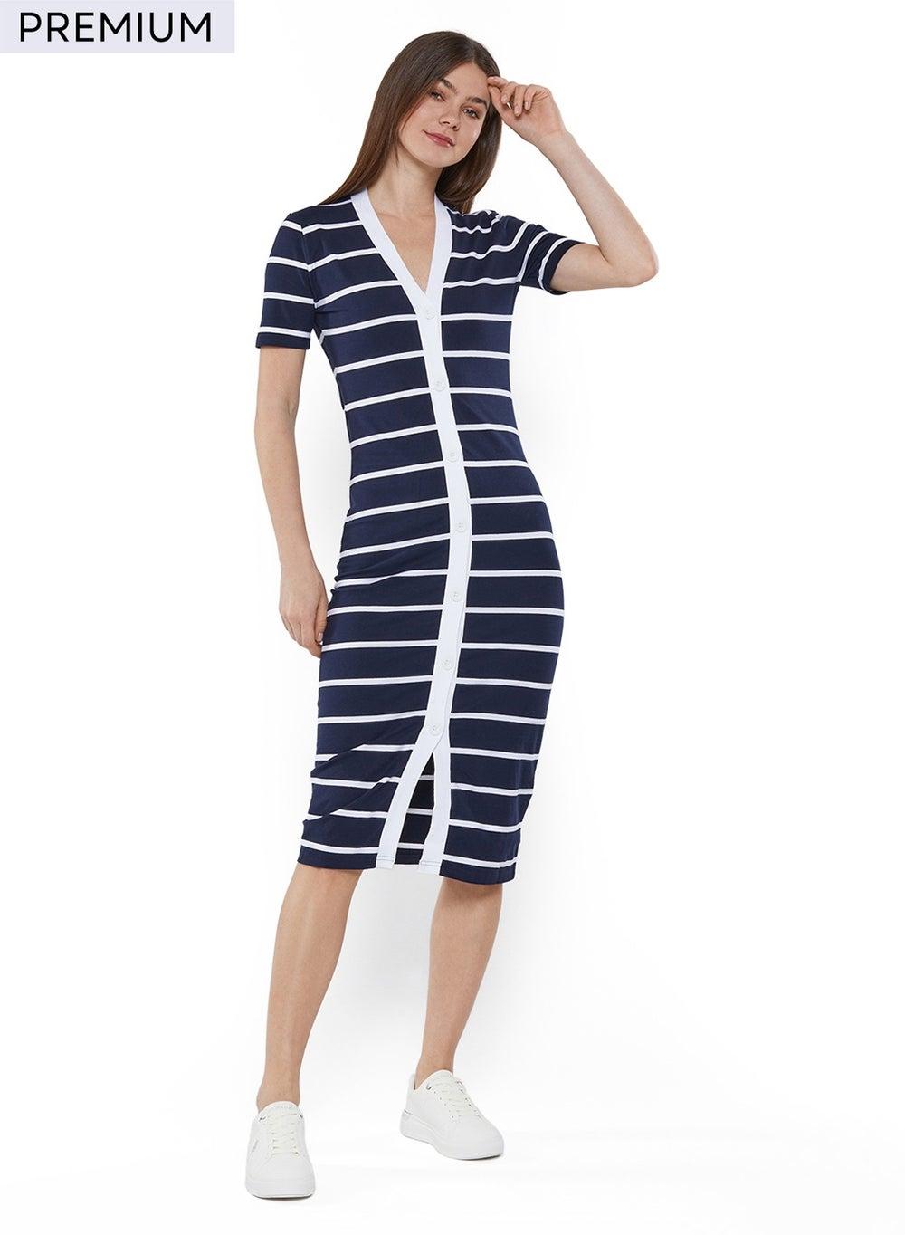 Navy Striped Midi Knit Dress - Image 1