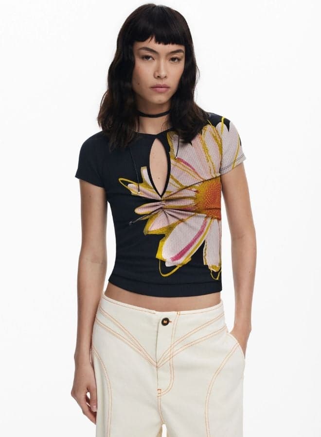 Floral Short-Sleeve T-Shirt with Opening - Image 1