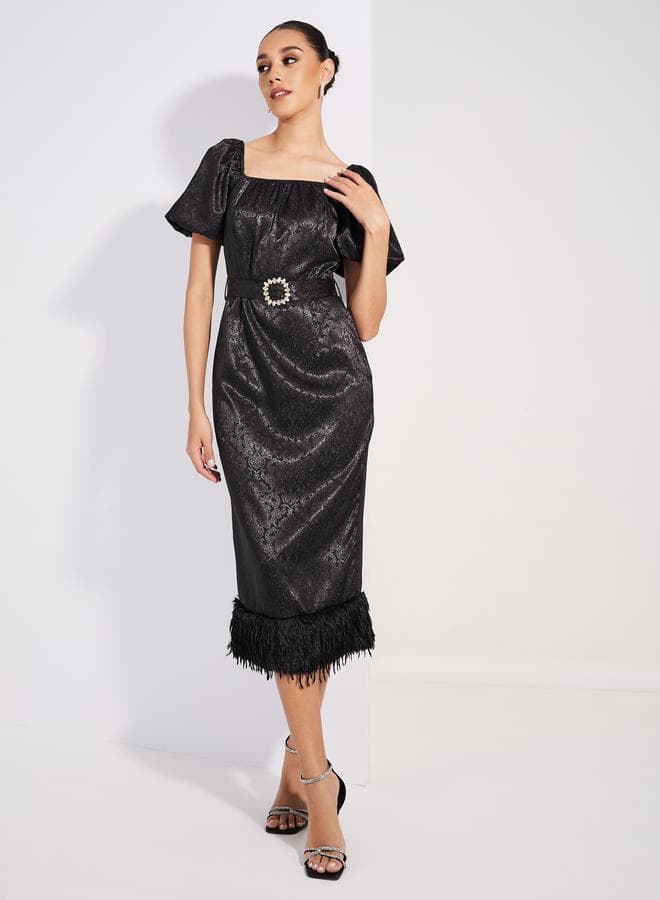 Feathered Hem Black Midi Dress - Image 1