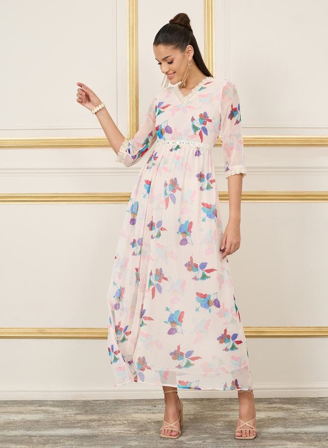 Styli Floral Lace Trim A-Line Maxi Dress - Image 1