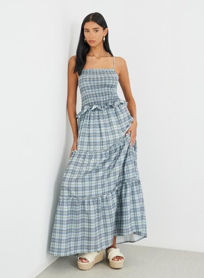 Checked Print Ruffled Strappy Maxi Dress - Image 1