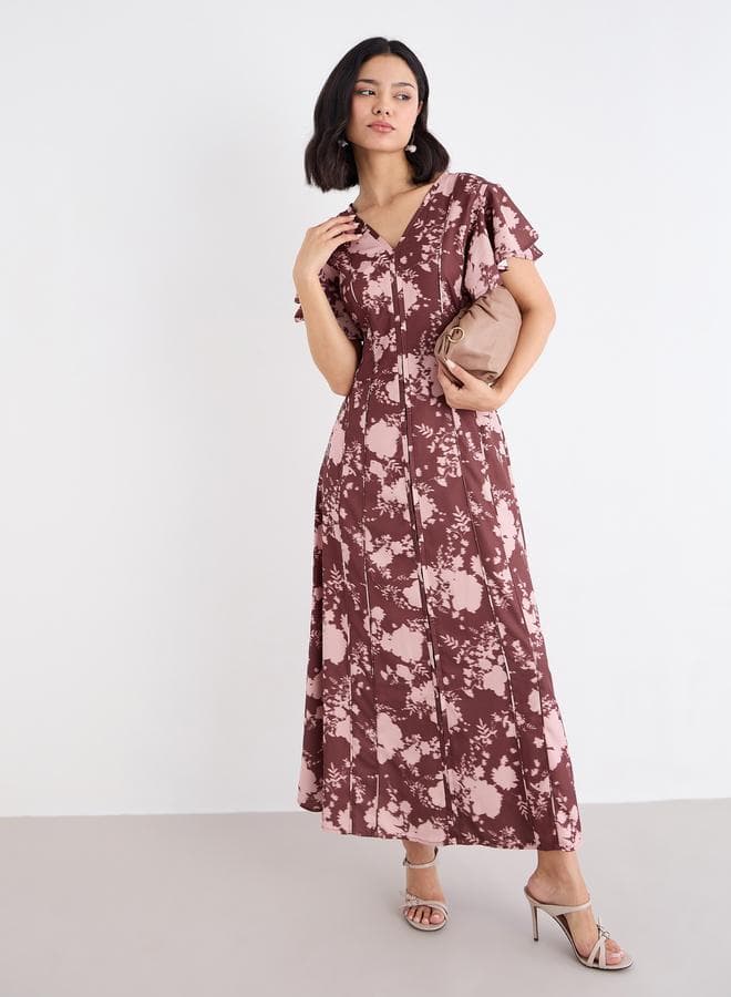 Styli Brown Floral Frill Sleeve Maxi Dress - Image 1
