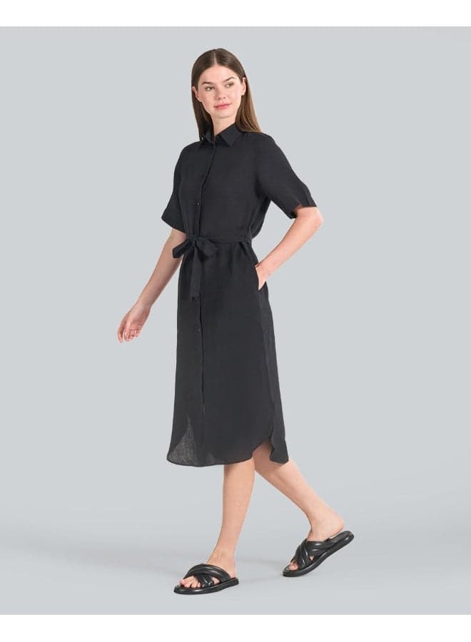 Belted Black Linen Midi Dress - Image 1