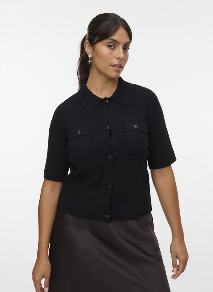 Short Sleeve Cardigan with Collar - Image 1