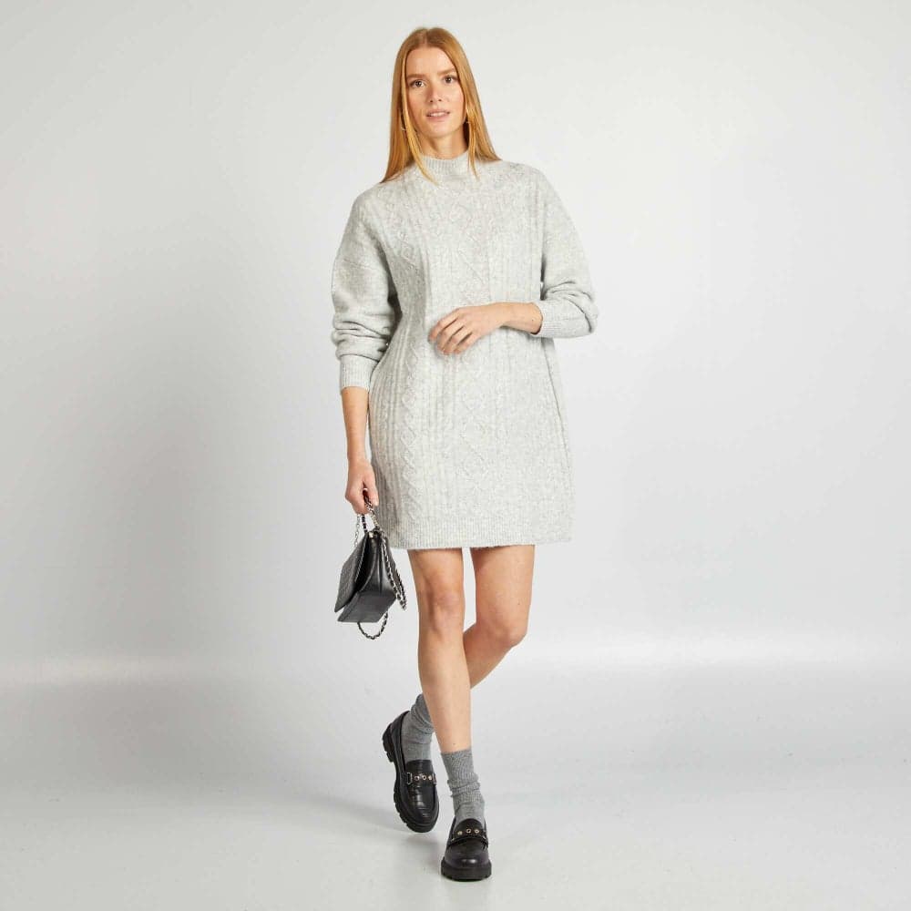 Grey Chunky Cable-Knit Sweater Dress - Image 1