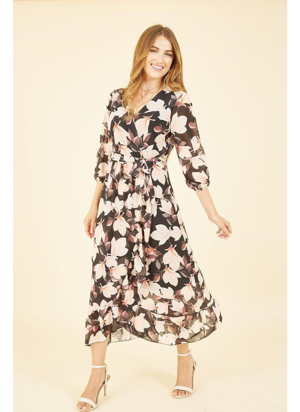 Black Floral Midi Dress with Tie Waist - Image 1