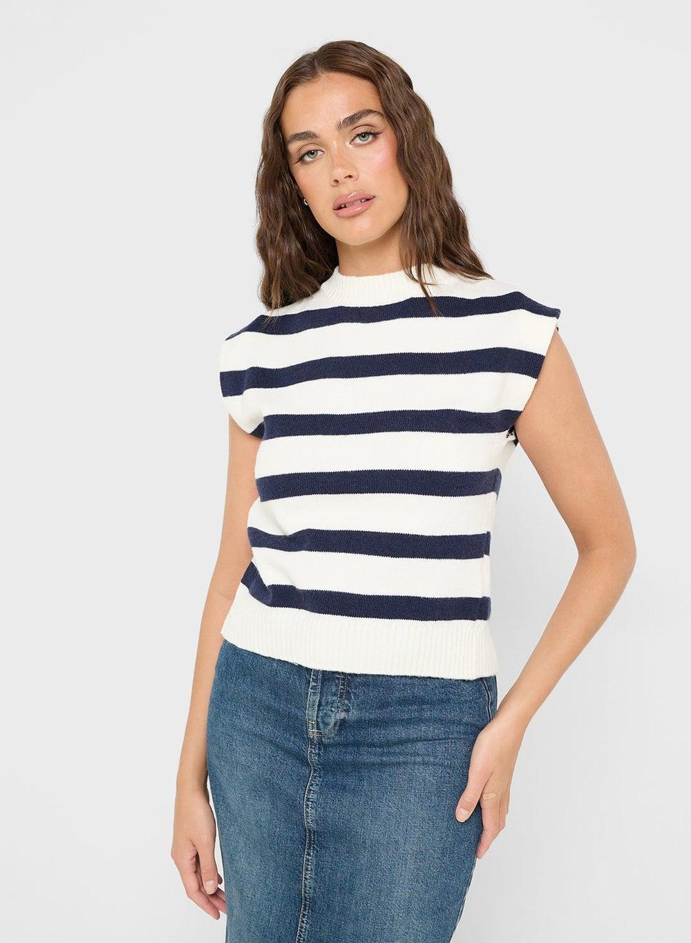 Knitted Stripe Vest with Back Slit - Image 1