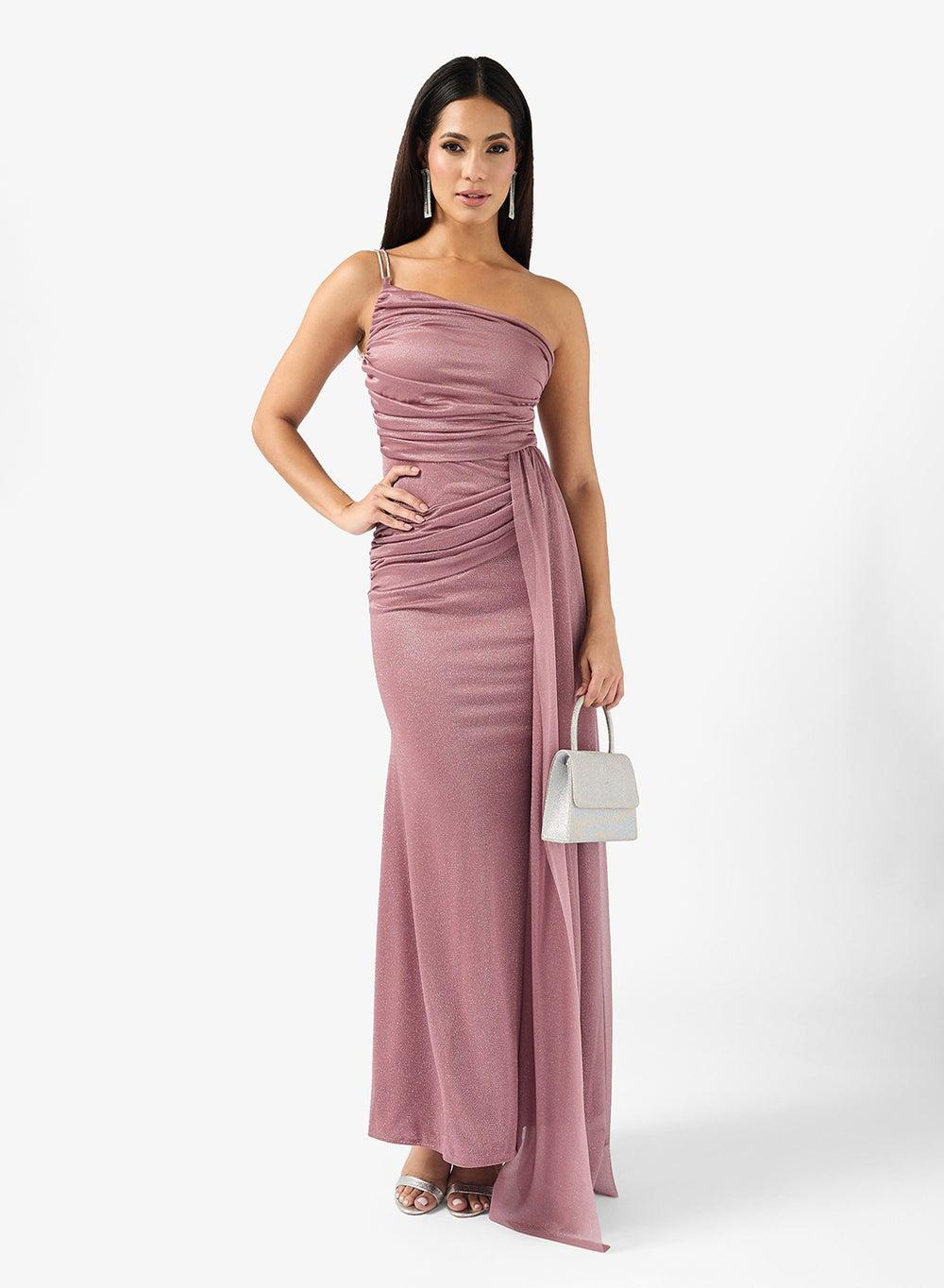 One Shoulder Metallic Maxi Dress With Trail - Image 1