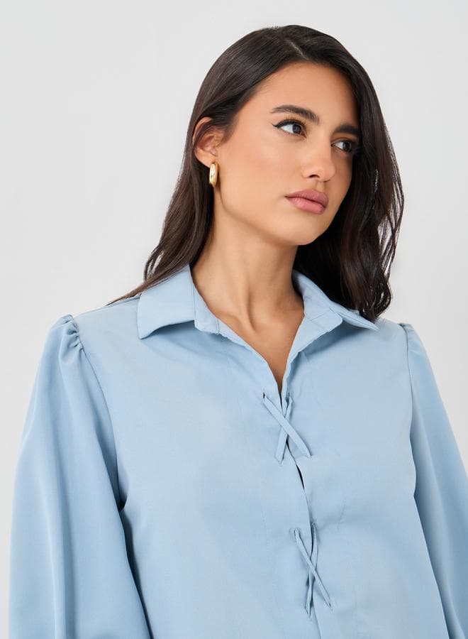 Solid Balloon Sleeve Front Tie-Up Shirt - Image 1