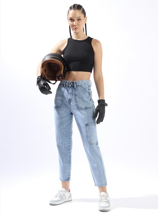 Women Mom Fit High-Rise Crop Carpenter Cargo Jeans - Image 1