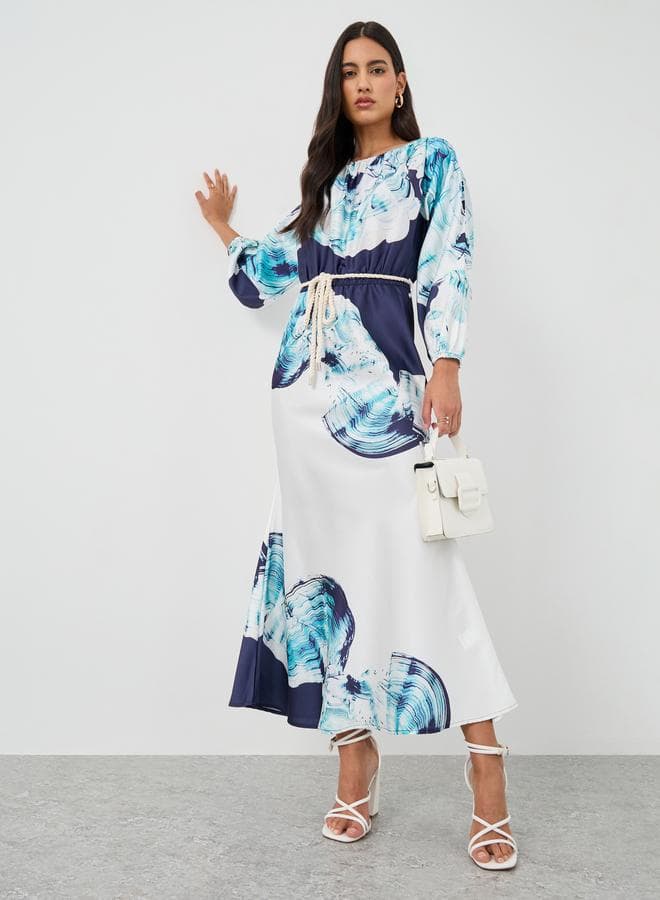 Printed Balloon Sleeve Mermaid Hem Maxi Dress - Image 1