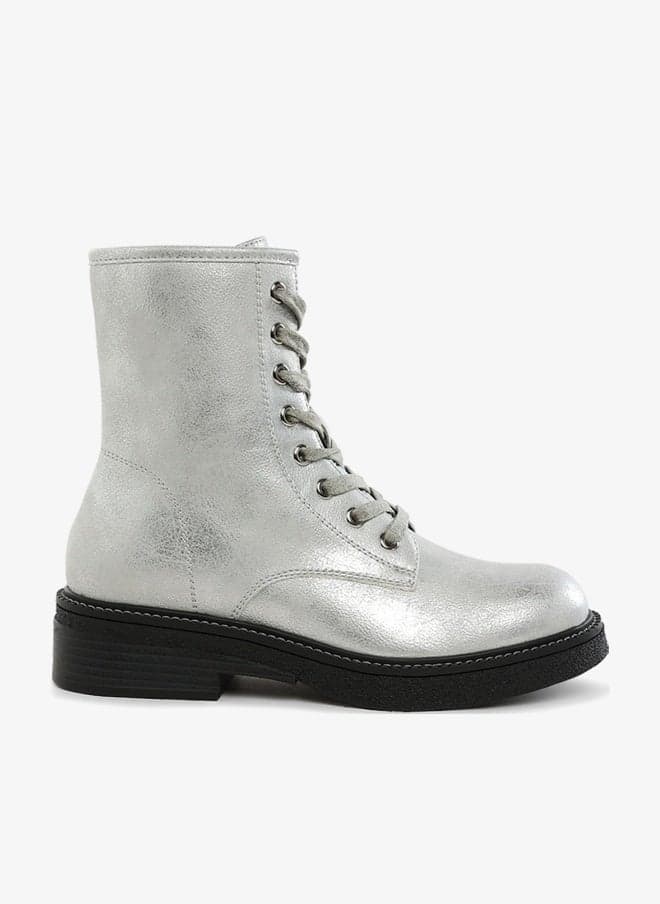 Silver Faux Leather Lace Up Ankle Boots - Image 1
