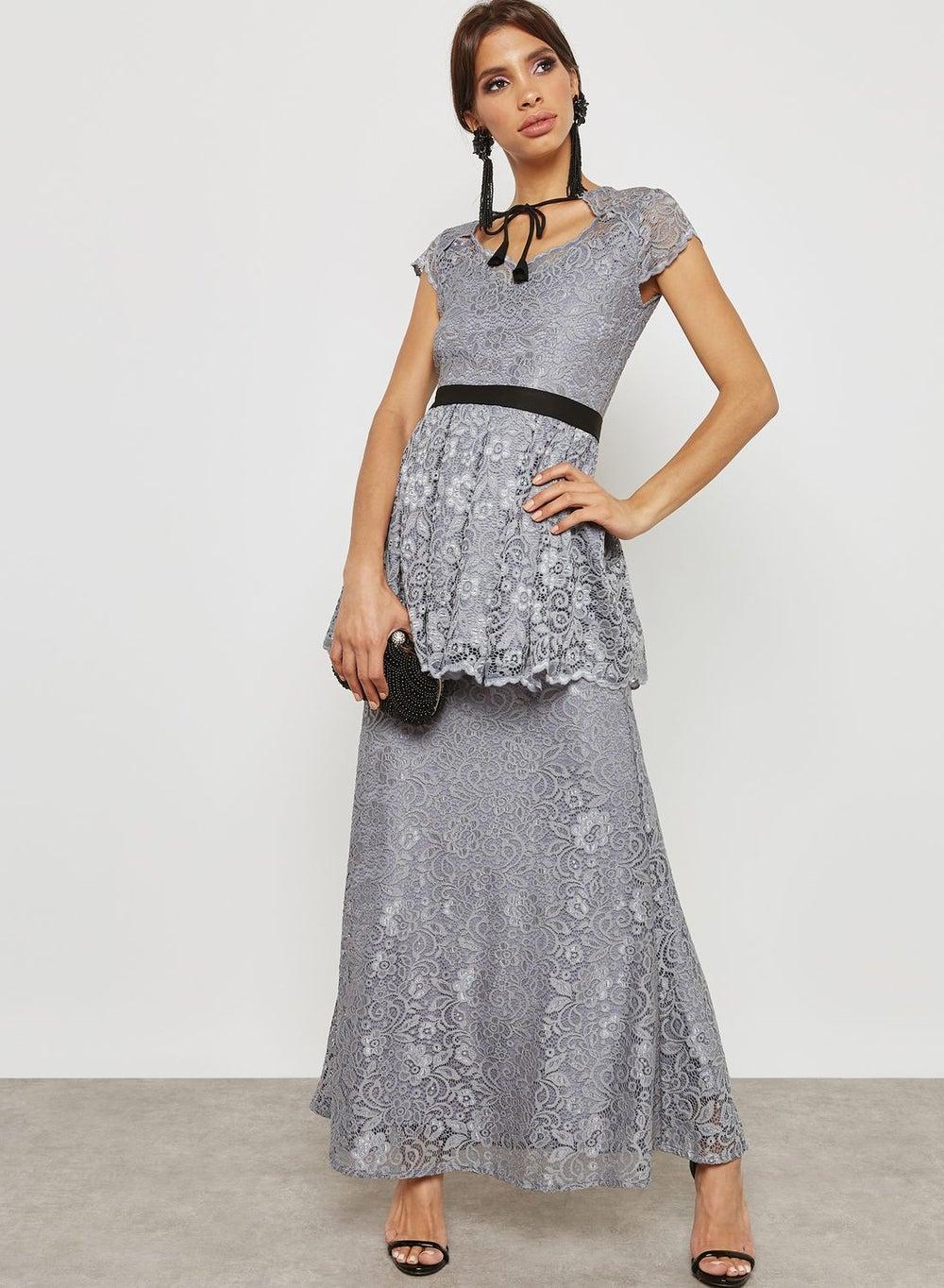 Gray Lace Peplum Maxi Dress with Black Belt - Image 1