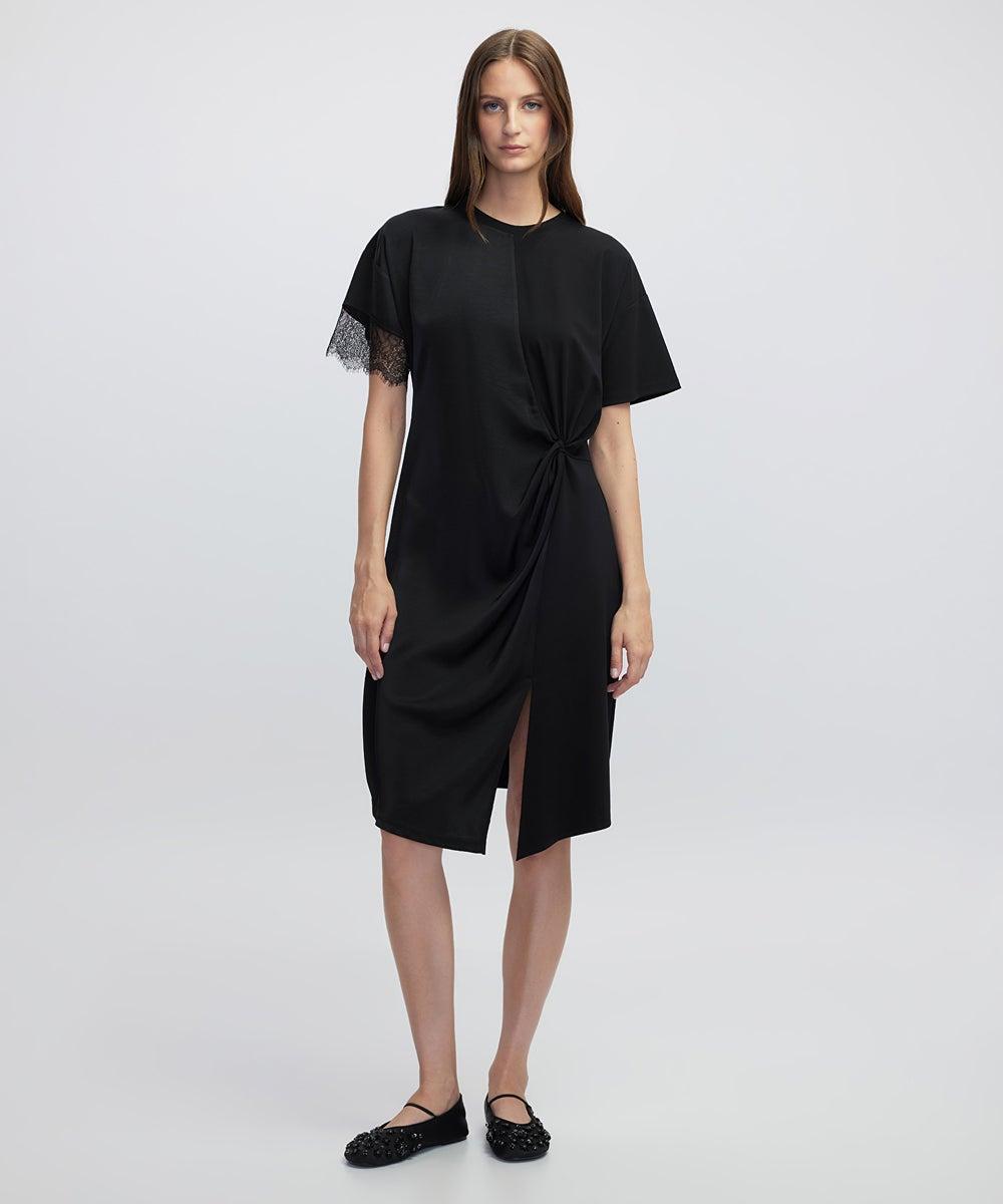 Relaxed Fit Lace Trim Mixed Midi Dress - Image 1